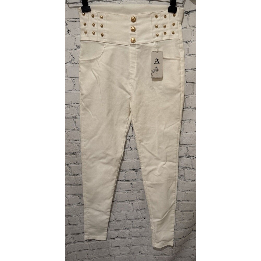 NWT White high-rise button-fly Pull On Skinny jeans With Gold Button Accents M/L